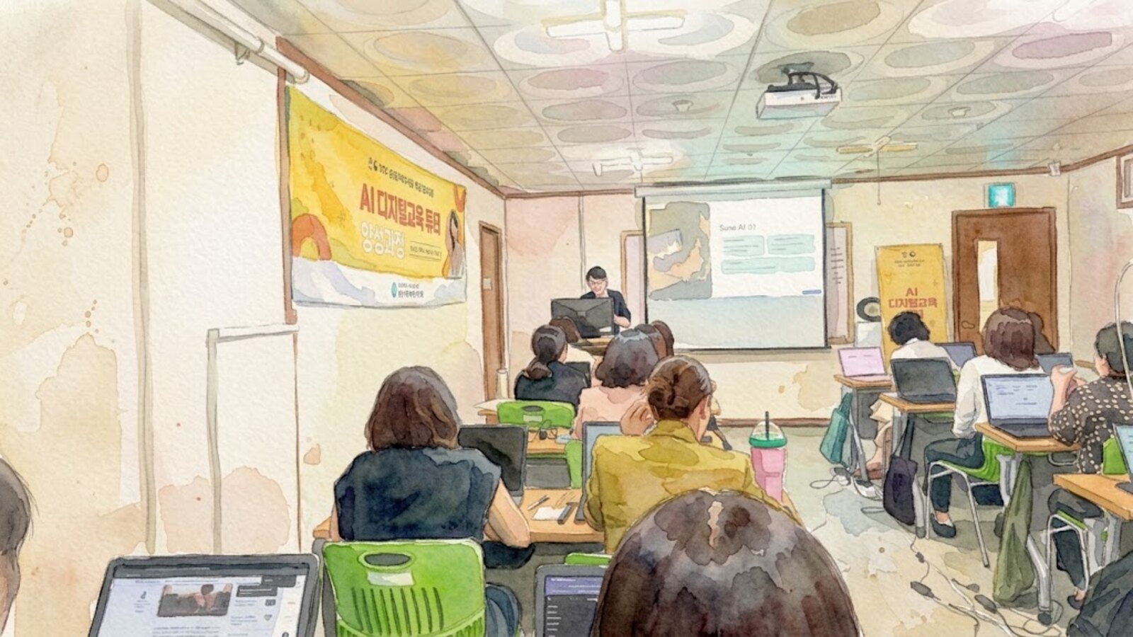 강의실 뒤쪽에서 바라본 수업 전경을 그린 수채화