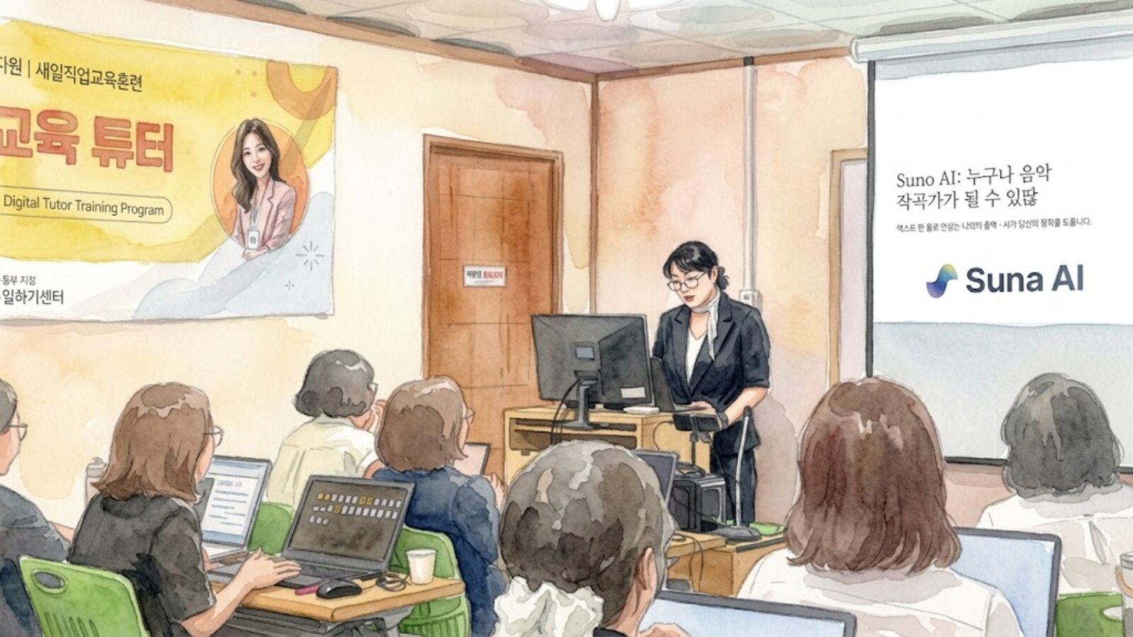강의실에서 화면을 띄워놓고 설명하는 수업 장면을 옮긴 수채화