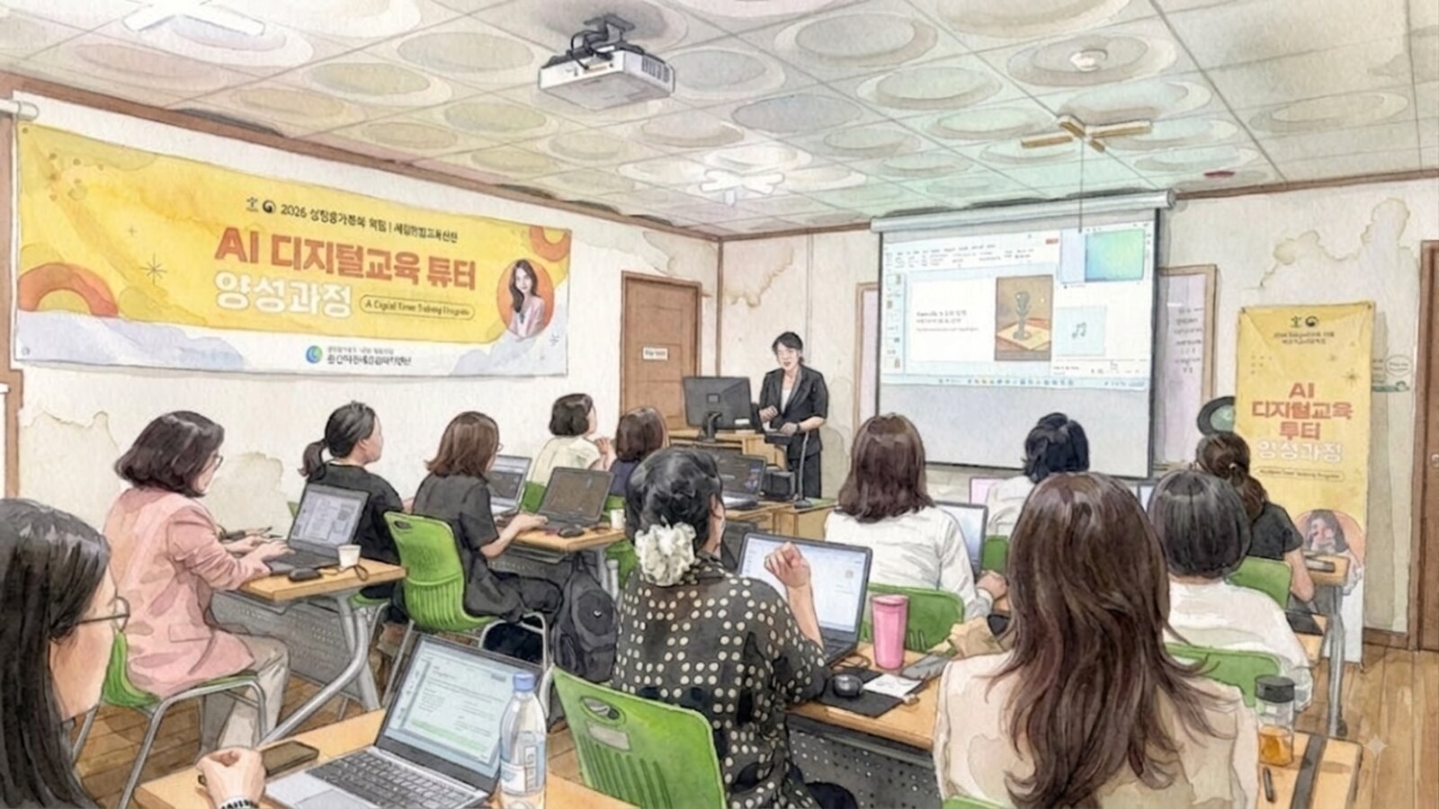 강의실에서 화면을 함께 보며 수업하는 장면을 옮긴 수채화