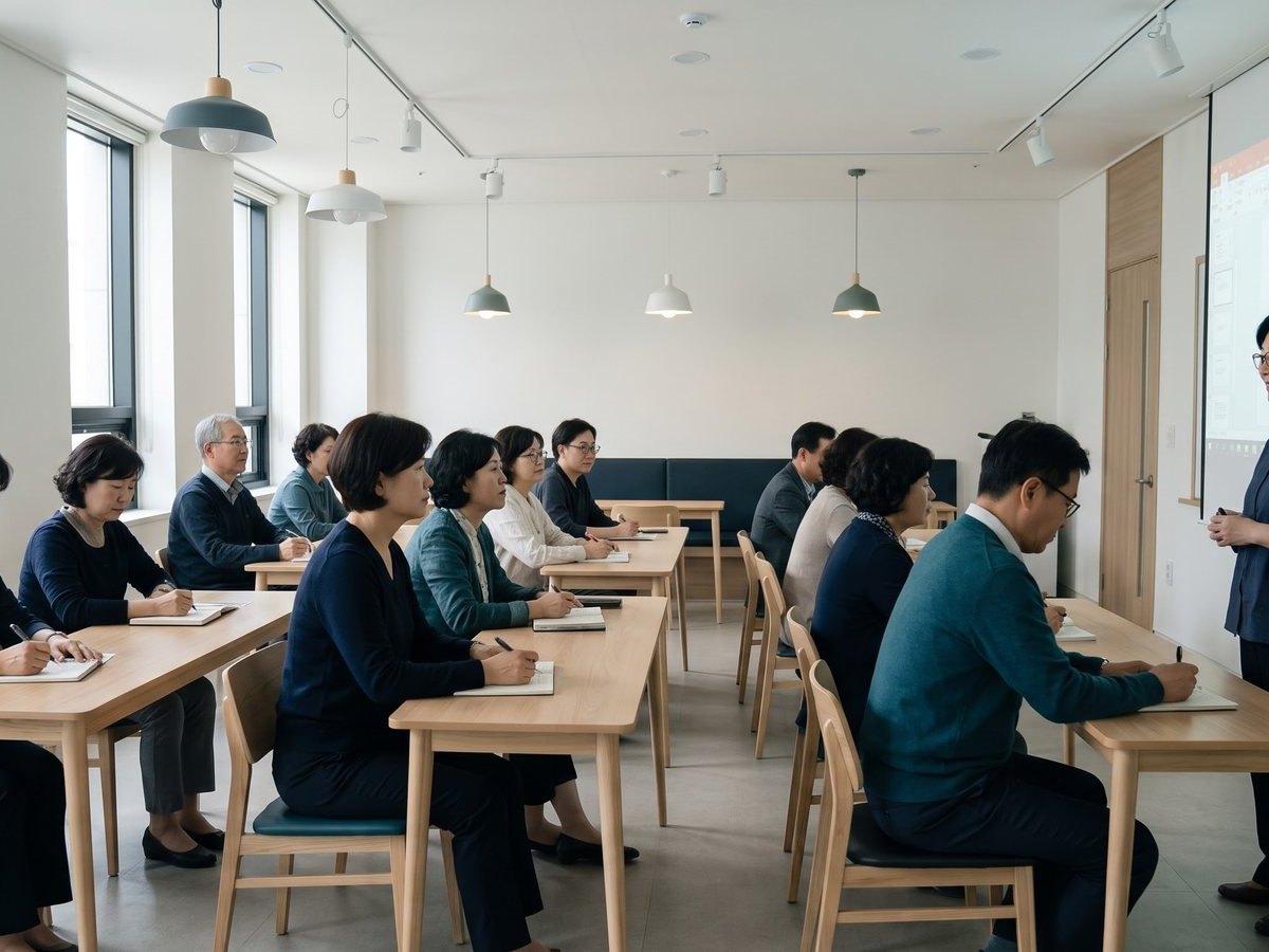 뒷자리에서 바라본 강의실. 각자 노트북 앞에 앉아 실습하고 있다