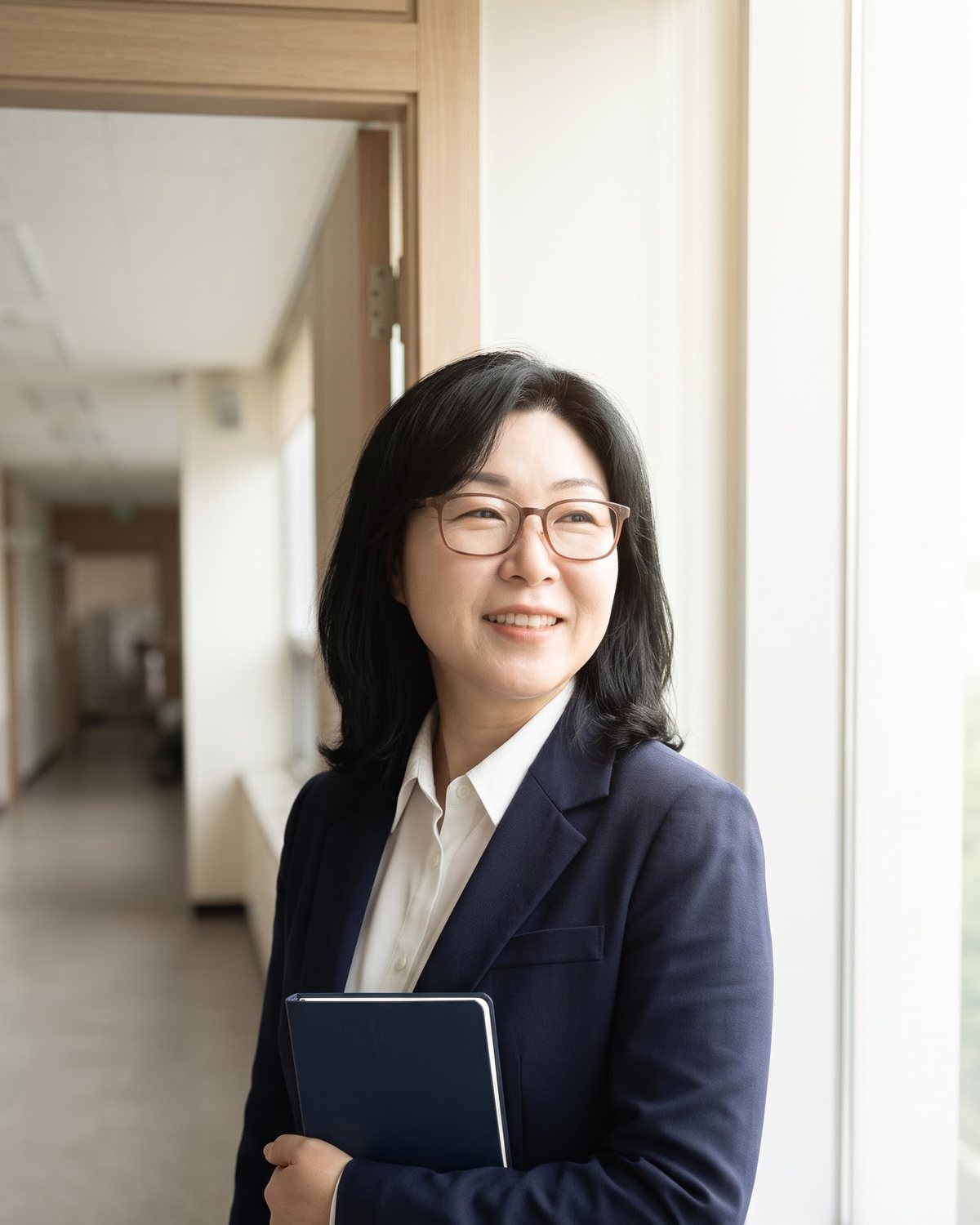 밝은 복도 창가에서 수첩을 들고 서 있는 홍종숙 강사